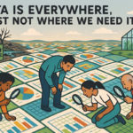 AI generated image of people searching for data across patchwork fields made of charts and spreadsheets