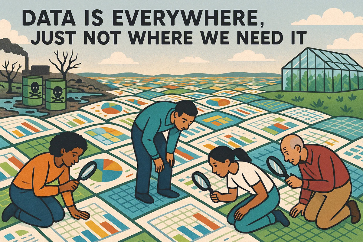 AI generated image of people searching for data across patchwork fields made of charts and spreadsheets