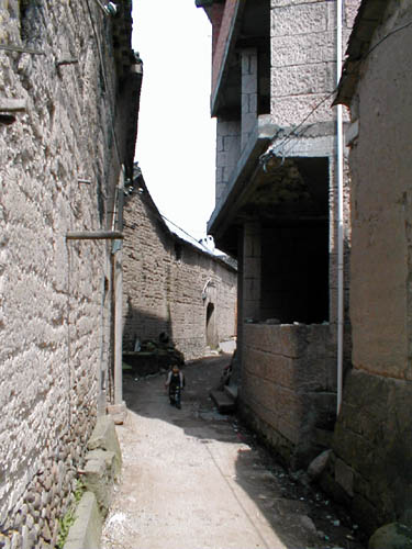 Village street with tiny kid
